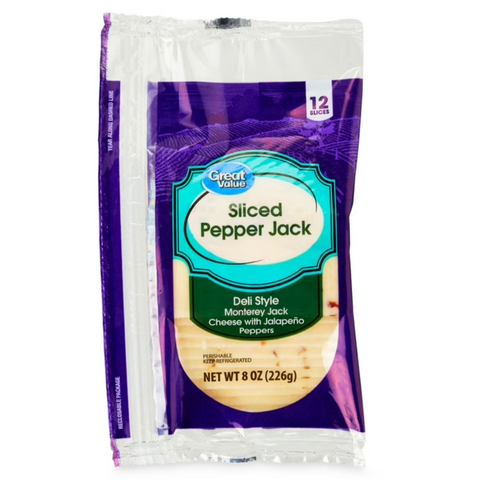 Great Value Pepper Jack Deli Style Sliced Cheese, 8 oz, 12 Slices