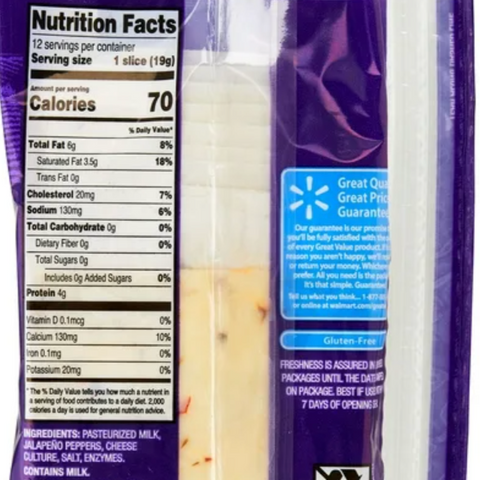 Great Value Pepper Jack Deli Style Sliced Cheese, 8 oz, 12 Slices