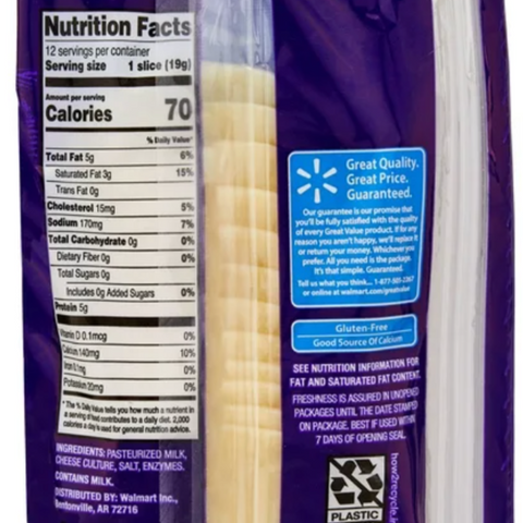 Great Value Deli Style Sliced Non-Smoked Provolone Cheese, 8 oz, 12 Slices