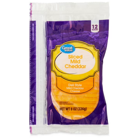 Great Value Mild Cheddar Deli Style Sliced Cheese, 8 oz, 12 Slices