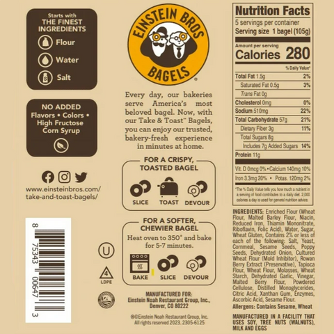 Einstein Bros Take & Toast Everything Bagels, 18.5oz, 5 Count