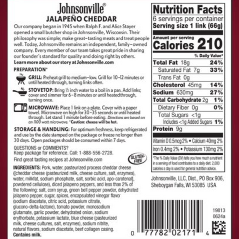 Johnsonville Jalapeno & Cheddar Smoked Sausage, 14 oz, 6 Count