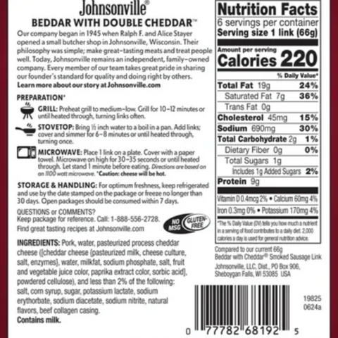 Johnsonville Beddar with Double Cheddar Smoked Pork Sausage & Cheddar Cheese, 14 oz, 6 Count