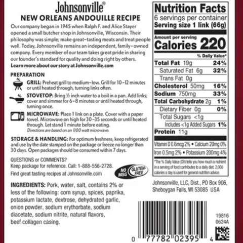 Johnsonville New Orleans Andouille Smoked Sausage, 14 oz, 6 Count