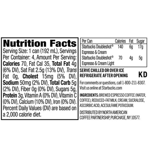 Starbucks Doubleshot Espresso, Espresso & Cream Light, 6.5 oz, 4 Count