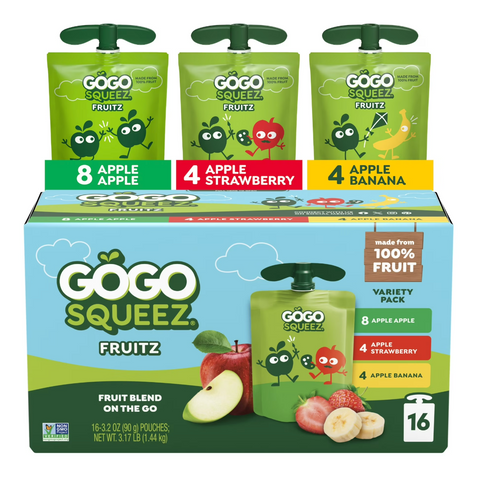 GoGo squeeZ Applesauce Variety pack, Apple Apple, Apple Banana, Apple Strawberry, 16 Count