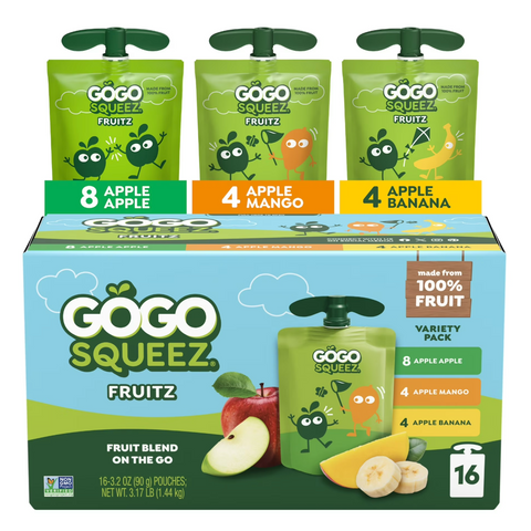 GoGo squeeZ Applesauce Variety pack, Apple Apple, Apple Banana, Apple Mango, 16 Count