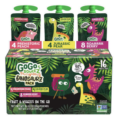 GoGo SqueeZ Fruit & VeggieZ Dino Variety Pack, 3.2oz, 16 Count