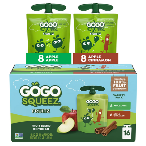 GoGo SqueeZ Fruit on the Go Apple Apple, Apple Cinnamon Snack Pouches, 3.2 oz, 16 Ct
