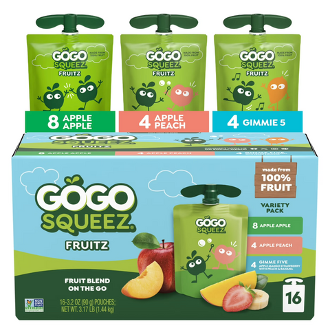 GoGo squeeZ No Sugar Added Apple Peach Gimme 5 Applesauce Variety Pouches, 3.2 oz, 16 Ct