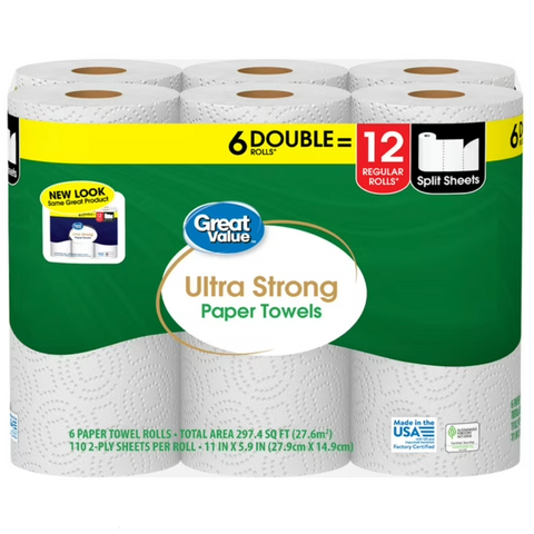 Great Value Ultra Strong Paper Towels, Split Sheets, 6 Double Rolls