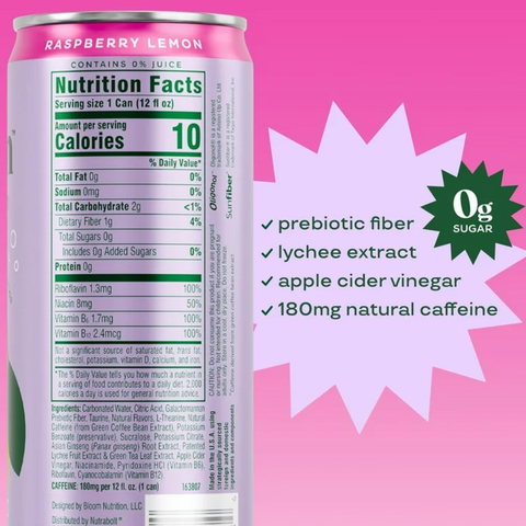 Bloom Nutrition Sparkling Energy Drink, Raspberry Lemon, 12 fl oz, 6 Count