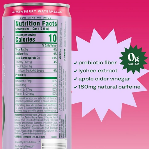 Bloom Nutrition Sparkling Energy Drink, Strawberry Watermelon, 12 fl oz, 6 Count