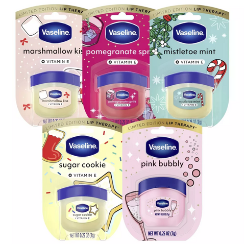 Vaseline Holiday Limited Edition Lip Balm Pomegranate Spritz + Sugar Cookie + Marshmallow Kiss + Mistletoe Mint + Pink Bubbly Cutie, 0.25oz
