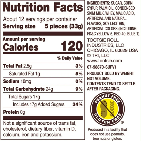 Tootsie Roll Fruit Chews, Assorted Fruit Flavors, Gluten Free, Peanut Free, 14.37 oz