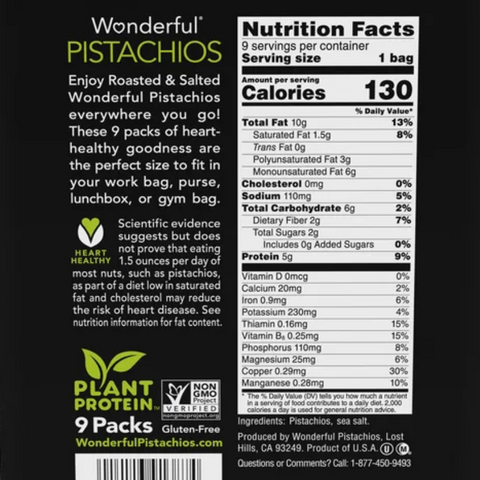Wonderful Pistachios In-Shell Roasted & Salted, 1.5 oz, 9 Count