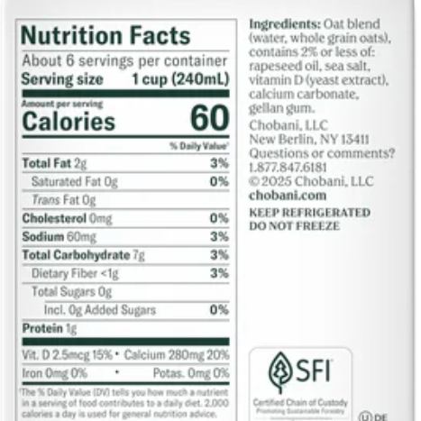 Chobani Oatmilk Zero Sugar Unsweetened, 52 fl oz