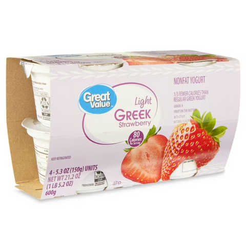 Great Value Light Strawberry Nonfat Greek Yogurt, 5.3oz Cups, 4 Count