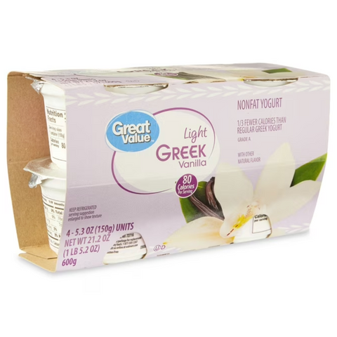 Great Value Vanilla Light Nonfat Greek Yogurt, 5.3 oz Cups, 4 Count