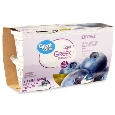Great Value Light Blueberry Nonfat Greek Yogurt, 5.3 oz Cups, 4 Count