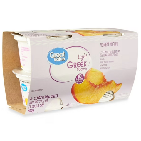 Great Value Peach Light Nonfat Greek Yogurt, 5.3 oz Cups, 4 Count