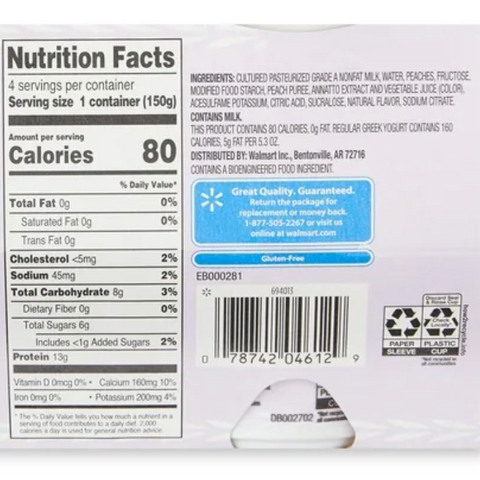 Great Value Peach Light Nonfat Greek Yogurt, 5.3 oz Cups, 4 Count