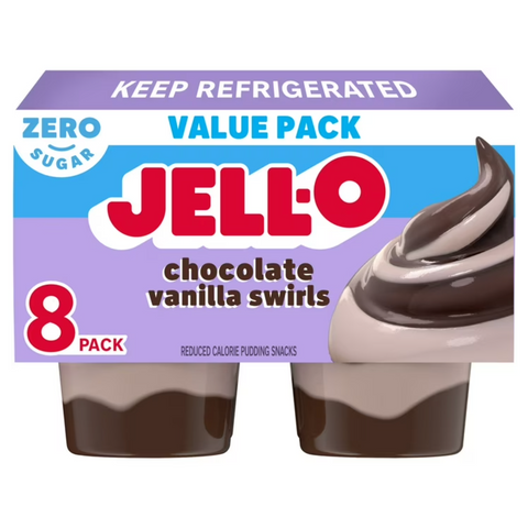 Jell-O Chocolate Vanilla Swirls Zero Sugar Pudding Snack Cups Family Size, 8 Ct