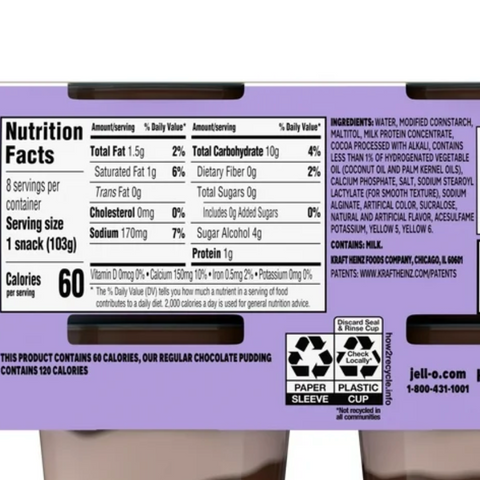 Jell-O Chocolate Vanilla Swirls Zero Sugar Pudding Snack Cups Family Size, 8 Ct