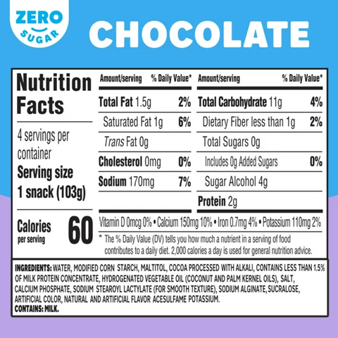 Jell-O Chocolate Zero Sugar Pudding Snack Cups, 4 Ct