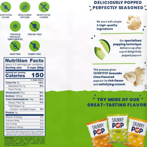 SkinnyPop Popcorn, Avocado Lime, 4.4oz