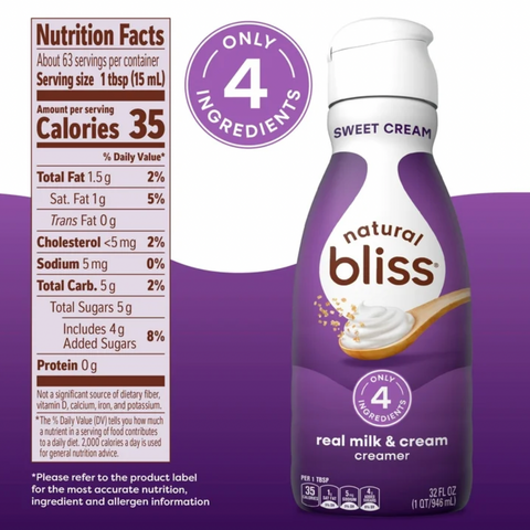 Natural Bliss Milk and Sweet Cream, Liquid Dairy Coffee Creamer, 32 fl oz