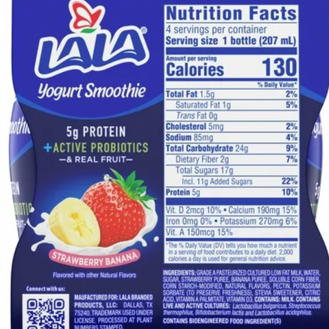 LALA Probiotic Protein Yogurt Smoothie Drink, Low Fat, Strawberry Banana, 7 oz, 4 Count