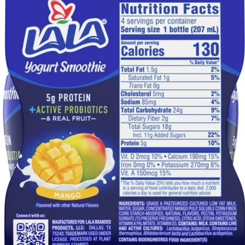 LALA Probiotic Protein Yogurt Smoothie Drink, Low Fat, Mango, 7 oz, 4 Count