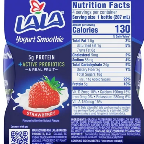 LALA Probiotic Protein Yogurt Smoothie Drink, Low Fat, Strawberry, 7 oz, 4 Count