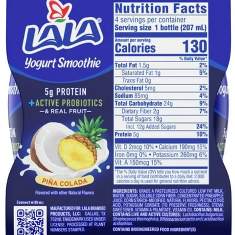 LALA Probiotic Protein Yogurt Smoothie Drink, Low Fat, Pina Colada, 7oz, 4 Count