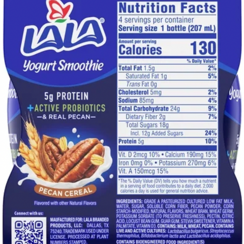 LALA Probiotic Protein Yogurt Smoothie Drink for Kids and Adults, Pecan Cereal, 7 oz, 4 Count