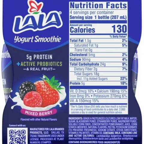LALA Probiotic Protein Yogurt Smoothie Drink, Low Fat, Mixed Berry, 7 oz, 4 Count