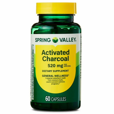 Spring Valley Activated Charcoal Dietary Supplement Capsules for General Wellness, 520 mg, 60 Count