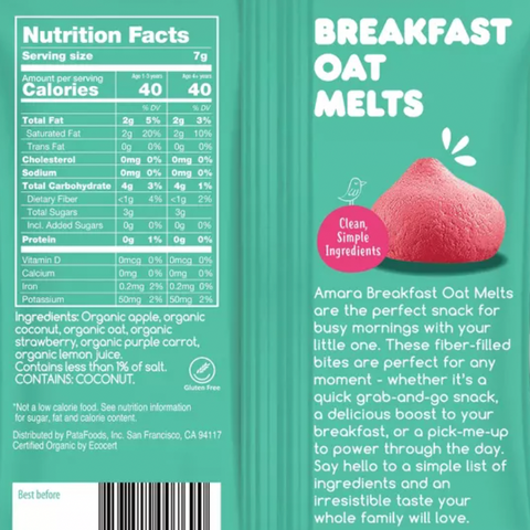 Amara Organic Breakfast Oat Melts Strawberry Baby Snack, 7g