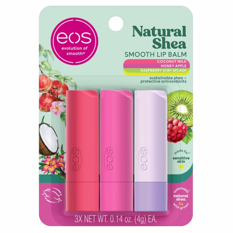 eos Natural Shea Smooth Lip Balm- Honey Apple, Coconut Milk, Raspberry Kiwi Splash, 3 Pack