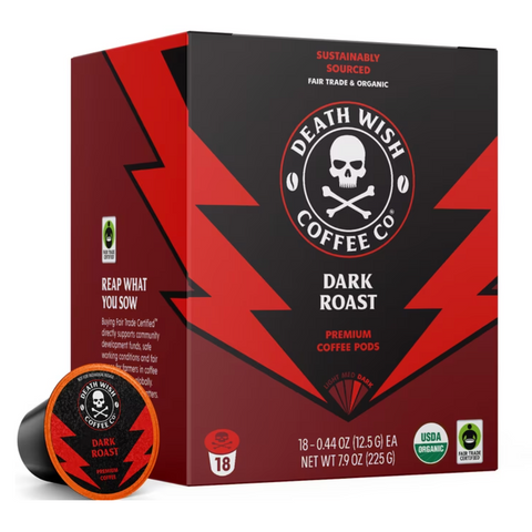 Death Wish Coffee, Organic and Fair Trade, Medium Roast, Single-Serve Coffee Pods, 18 Count