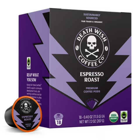 Death Wish Coffee, Organic and Fair Trade, Espresso Roast, Single-Serve Coffee Pods, 18 Count