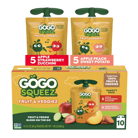 GoGo squeeZ Fruit & VeggieZ No Sugar Added Applesauce Variety Pouches, 3.2 oz, 10 Count