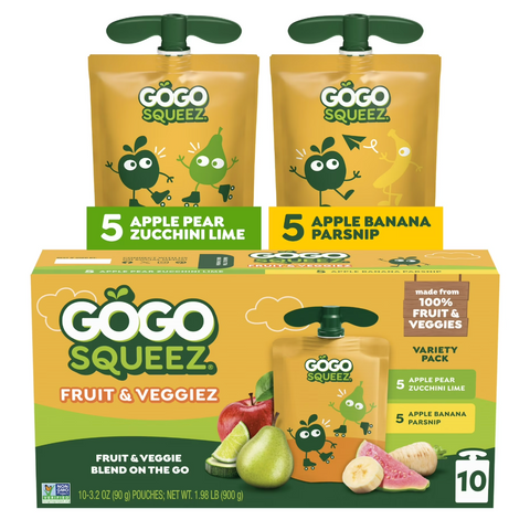 GoGo squeeZ No Sugar Added Fruit & Veggie Applesauce Puree Variety Pouches, 3.2 oz, 10 Count