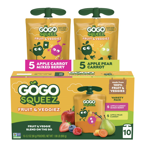 GoGo squeeZ Fruit & Veggiez No Sugar Added Applesauce Variety Pouches, 3.2 oz, 10 Count