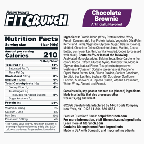 FITCRUNCH Chocolate Brownie, High Protein Baked Bar, 16g Protein, 4 Count