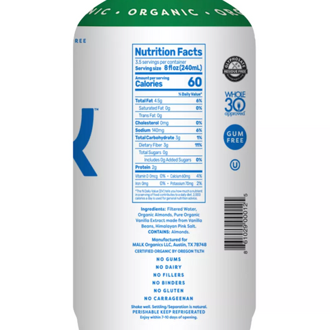 MALK Organics Unsweetened Almond Vanilla Milk, 28 fl oz