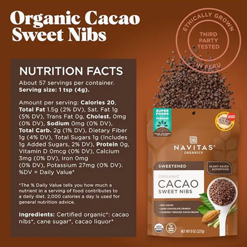 Navitas Organics Cacao Nibs – Sweetened Dark Chocolate Crunch, 8 oz