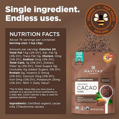 Navitas Organics Cacao Nibs – Unsweetened Dark Chocolate Crunch, 8 oz
