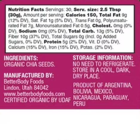 BetterBody Foods Organic Chia Seeds, 2.0 lb